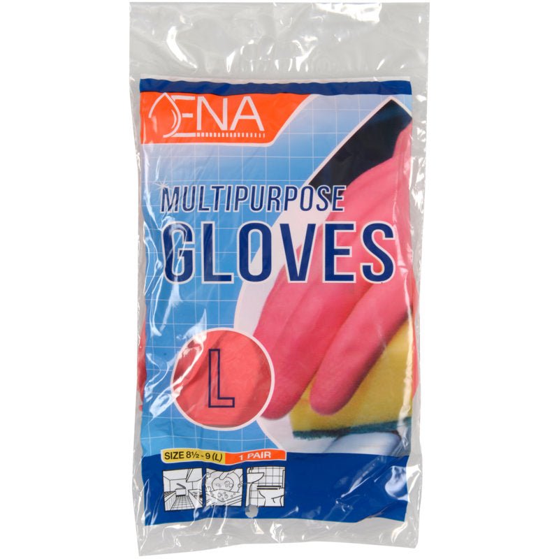 En genomskinlig plastförpackning innehåller ett par gula ENA Multipurpose hushållshandskar latex från Abena Re-Seller GmbH, märkt med "GLOVES L", med storlek 8½-9 (L) och en bild av handskarna längst ner.