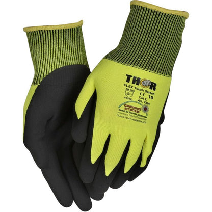 Ett par gula och svarta Thor Flex Touchscreen-arbetshandskar från Abena Re-Seller GmbH med högkänslig beröringsigenkänning, svarta handflator och fingertoppar samt gula ribbade muddar med svart avslutning.