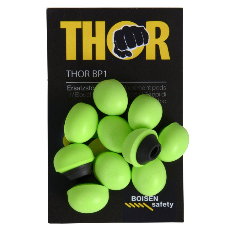 En förpackning "Thor Refill för bygelhörselskydd (812011)" från Abena Re-Seller GmbH innehåller 60 ljusgröna hörselskyddsproppar med svarta ringar, som står på ett svart kort med BOISEN-säkerhetslogotypen längst ner.