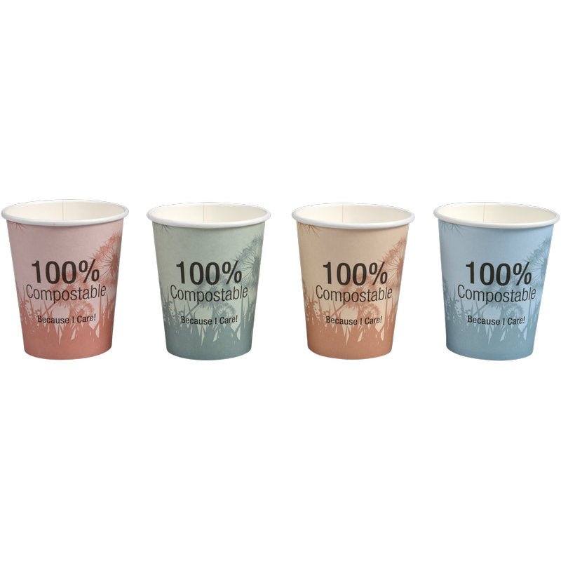 Fyra pastellfärgade kaffemuggar Komposterbara "Dandelion" från Abena Re-Seller GmbH med miljövänlig design och texten "100% Compostable Because I Care!" erbjuder stilfull, hållbar njutning.