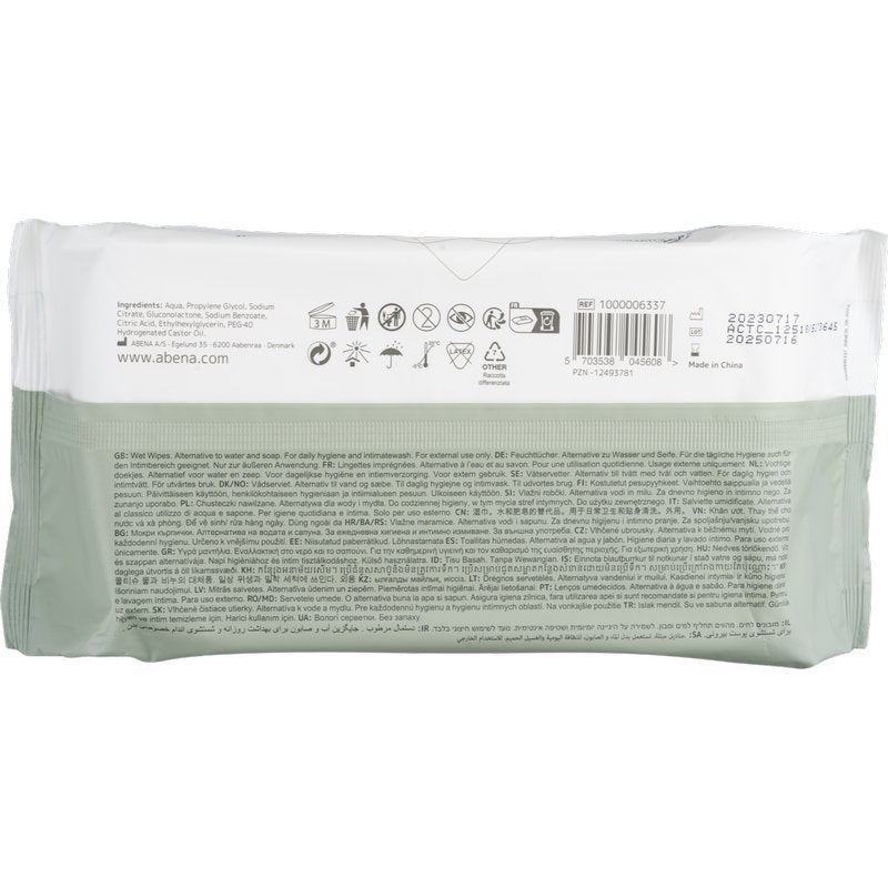 Auf der Rückseite einer Packung der Abena Re-Seller GmbH Feuchtpflegetücher (80 Paare, 18x20 cm, Weiß, mit Klebeverschluss) sind Inhaltsstoffe, Verwendungshinweise, Entsorgungssymbole, Barcode, Herstellungsinformationen, Verfallsdaten und mehrsprachiger Text aufgeführt.