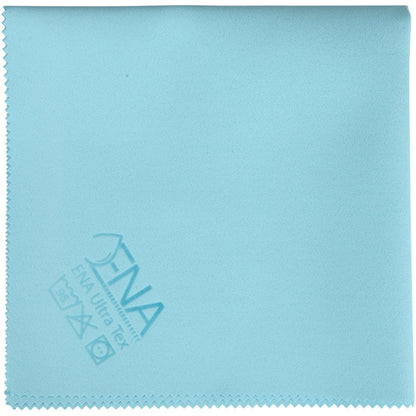 Ein hellblaues ENA Ultra Tex PU Tuch (38x37 cm) von Abena Re-Seller GmbH mit gezacktem Rand, Pflegesymbolen und dem Schriftzug "FNA Ultra Tex" unten links - perfekt für die streifenfreie Reinigung.