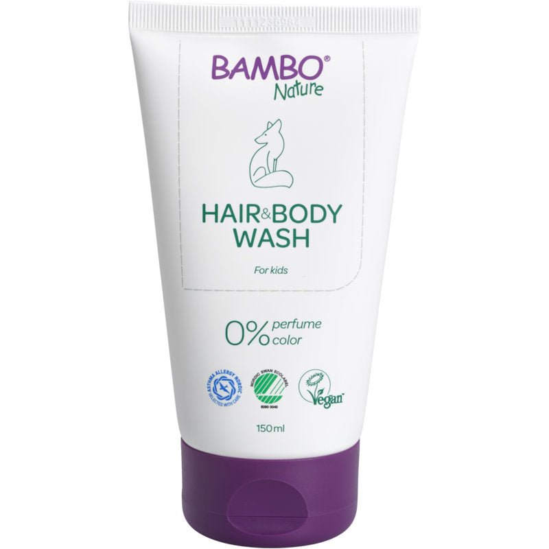 Ett vit-lila rör med texten "Bambo Nature, Babyshampoo Hud & Hår, 150 ml" från Abena Re-Seller GmbH visar en rävillustration och ikoner för certifieringar. Vegansk formula med 0% parfym eller färg, perfekt för känslig babyhud. Förpackning: 6 stycken.