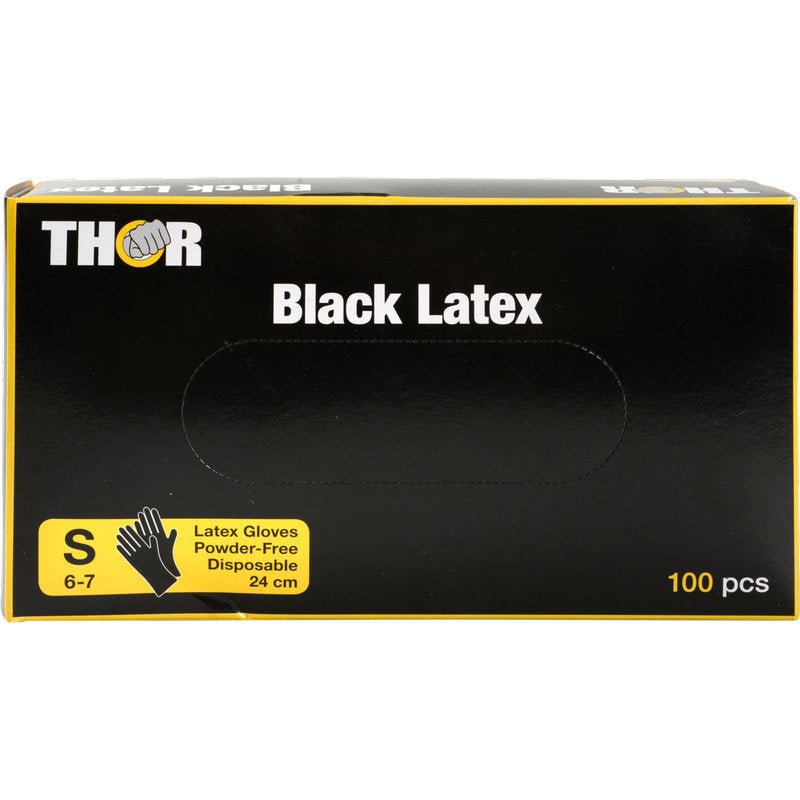 Eine schwarze Box von Abena Re-Seller GmbH, beschriftet mit "Thor Black Latex, Puderfrei", enthält 100 schwarze Latexhandschuhe, Größe S (6-7), 24 cm lang; die Verpackung zeigt weiße und gelbe Schrift auf schwarzem Grund.