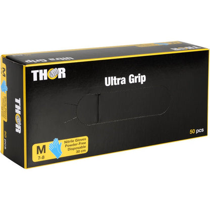 En blå låda med texten "Thor Ultra Grip Long" från Abena Re-Seller GmbH innehåller 50 medelstora, puderfria blå nitrilhandskar (30 cm, storlek 7-8), med en bild av en handske på framsidan.