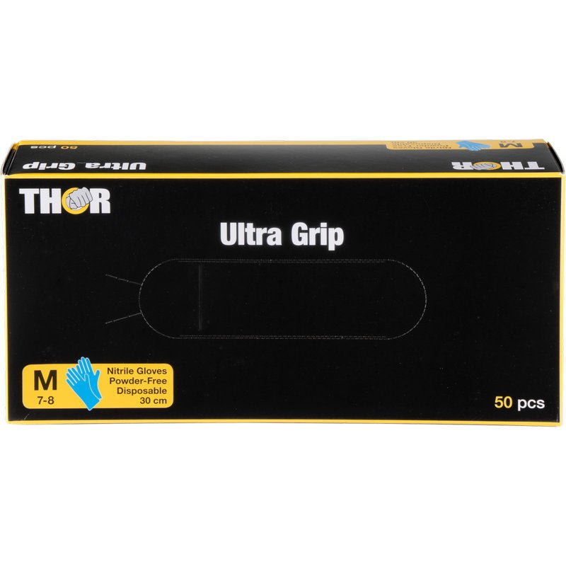 En svart-gul låda från Abena Re-Seller GmbH med texten "Thor Ultra Grip Long, nitrilhandskar, 30 cm, blå" innehåller 50 medelstora (7-8), puderfria, blå engångshandskar; en blå handsymbol visar handsktypen.