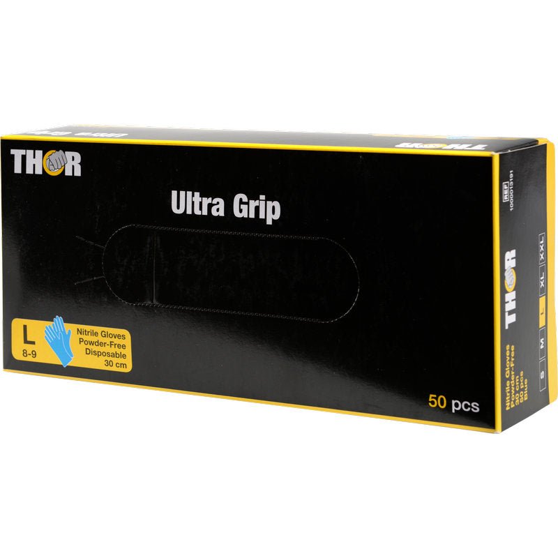 En blå låda med texten "Thor Ultra Grip Long" från Abena Re-Seller GmbH innehåller 50 stora, puderfria engångs-nitrilhandskar (30 cm).