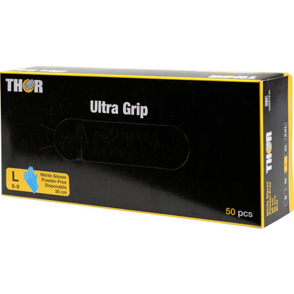 En blå låda med texten "Thor Ultra Grip Long" från Abena Re-Seller GmbH innehåller 50 stora, puderfria engångs-nitrilhandskar (30 cm).