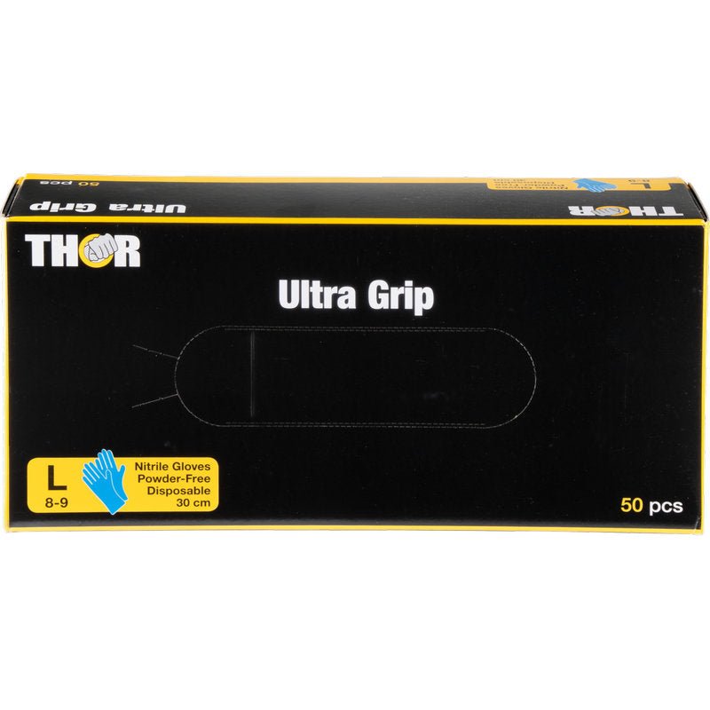 En blå låda Abena Re-Seller GmbH Thor Ultra Grip Long nitrilhandskar, 30 cm, storlek Large (8-9), puderfri, med en handsksymbol och text som anger att den innehåller 50 engångshandskar.