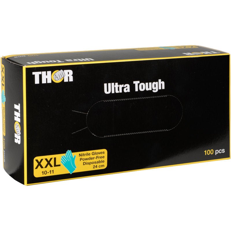 En låda Thor Ultra Tough, gröna nitrilhandskar från Abena Re-Seller GmbH, storlek XXL (10-11), puderfria och engångs, 24 cm långa, 100 stycken. Idealisk för utomhusbruk tack vare deras hållbarhet. Låda med gröna designaccenter.