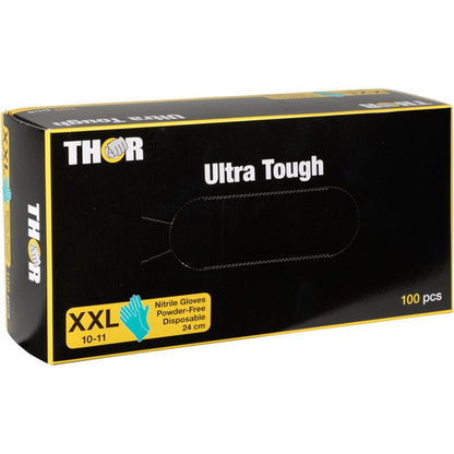 En låda Thor Ultra Tough, gröna nitrilhandskar från Abena Re-Seller GmbH, storlek XXL (10-11), puderfria och engångs, 24 cm långa, 100 stycken. Idealisk för utomhusbruk tack vare deras hållbarhet. Låda med gröna designaccenter.