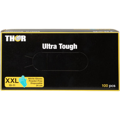 En rektangulär svart låda med texten "Thor Ultra Tough, Grön" från Abena Re-Seller GmbH innehåller 100 puderfria XXL-engångshandskar av nitril, storlek 10-11, 24 cm. Idealisk för utomhusaktiviteter - hållbar med grön grafik och gula accenter.