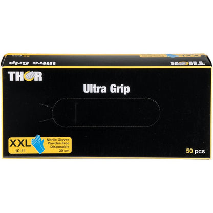 En rektangulär svart låda från Abena Re-Seller GmbH med texten "Thor Ultra Grip Long" innehåller 50 blå XXL-nitrilhandskar (30 cm, puderfria, engångshandskar) med en gul etikett och en blå handsksymbol i det nedre vänstra hörnet.