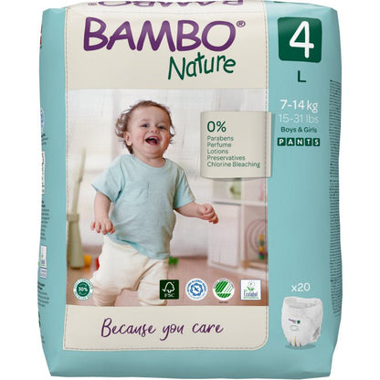 En förpackning Bambo Nature Pants från Abena Re-Seller GmbH (storlek 4) visar ett leende småbarn i en ljusblå tröja och en vit blöja. På 20-packen står det "0% parabener, parfym, lotioner, konserveringsmedel, klorblekning."