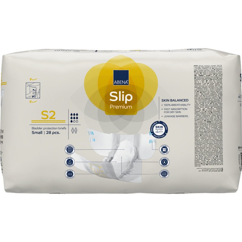 Ett 28-pack ABENA Slip Premium från Abena Re-Seller GmbH, liten storlek, i mestadels vit förpackning med gula och blå accenter. Idealisk för pålitlig inkontinensvård; produktinformationen finns på framsidan.