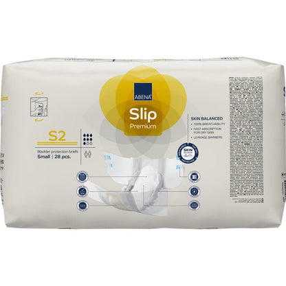 Ett 28-pack ABENA Slip Premium från Abena Re-Seller GmbH, liten storlek, i mestadels vit förpackning med gula och blå accenter. Idealisk för pålitlig inkontinensvård; produktinformationen finns på framsidan.