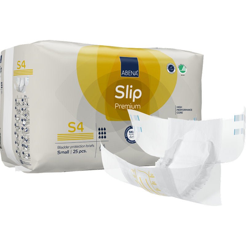 Ett 25-pack ABENA Slip Premium från Abena Re-Seller GmbH, storlek small. Framför paketet visas ett öppnat skydd för att framhäva designen och egenskaperna för effektiv inkontinensvård.
