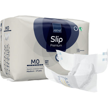 Ett paket ABENA Slip Premium skydd från Abena Re-Seller GmbH, medium storlek, 27 stycken. På framsidan visas ett vitt skydd med blå och grå accenter som framhäver dess form och design för inkontinensvård.