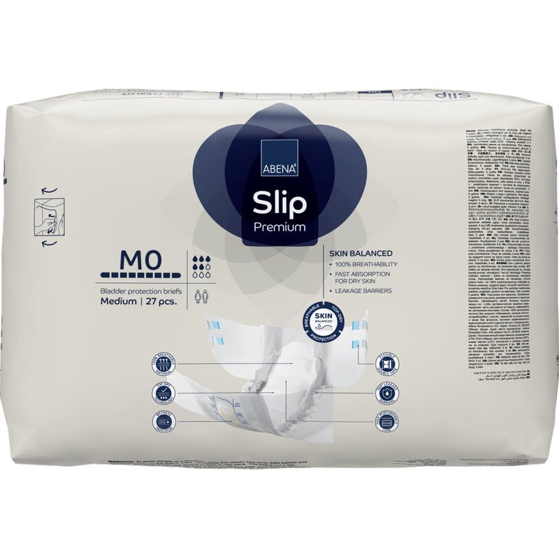 Ett paket ABENA Slip Premium från Abena Re-Seller GmbH, medium storlek, innehåller 27 stycken. Den övervägande vita förpackningen med blå och grå accenter erbjuder pålitlig inkontinensvård och innehåller detaljerad produktinformation.