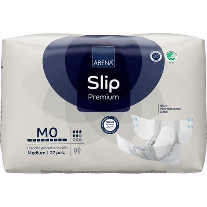 Ett paket ABENA Slip Premium (från Abena Re-Seller GmbH), medium storlek, 27 stycken, kommer i en vit förpackning med blå/grå accenter och en bild av ett öppnat skydd på höger sida.