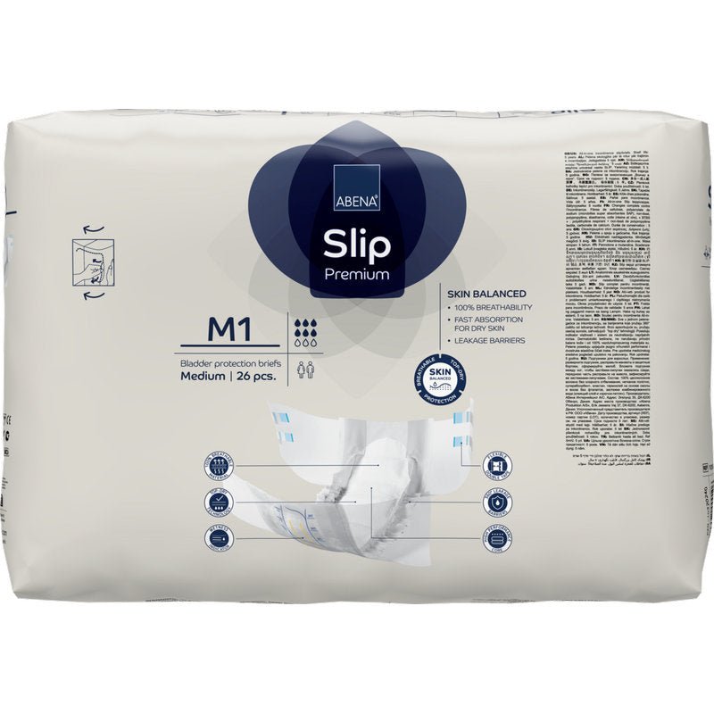 Ett 26-pack ABENA Slip Premium från Abena Re-Seller GmbH, medium storlek, för effektiv inkontinensvård. Vit förpackning med blå/grå accenter, produktinformation och en bild av ett skydd.