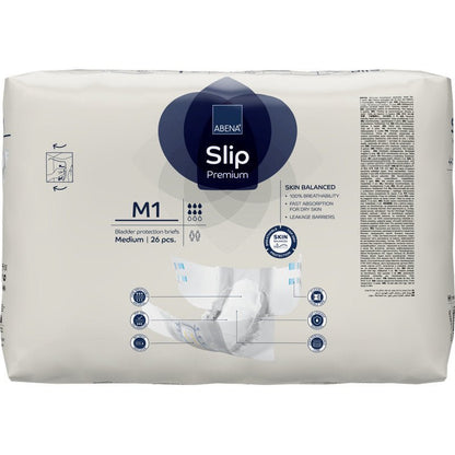 Ett 26-pack ABENA Slip Premium från Abena Re-Seller GmbH, medium storlek, för effektiv inkontinensvård. Vit förpackning med blå/grå accenter, produktinformation och en bild av ett skydd.