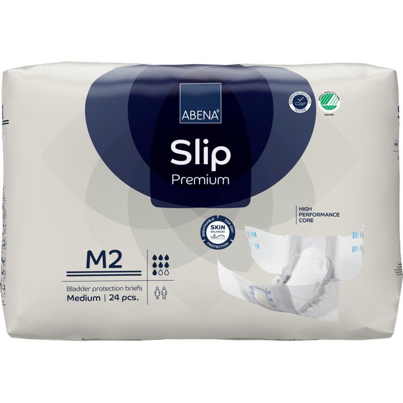 Ett 24-pack ABENA Slip Premium från Abena Re-Seller GmbH, storlek M2 medium, erbjuder hudvänligt, högpresterande inkontinensskydd för komfort och säkerhet.