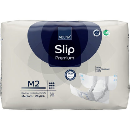 Ett 24-pack ABENA Slip Premium från Abena Re-Seller GmbH, storlek M2 medium, erbjuder hudvänligt, högpresterande inkontinensskydd för komfort och säkerhet.