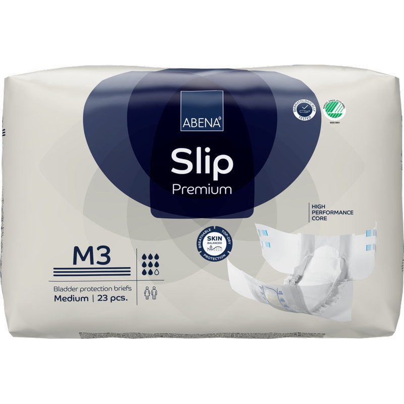 Ett paket ABENA Slip Premium från Abena Re-Seller GmbH, medium storlek, 23 skydd. Med högpresterande kärna och hudvänlig design. Förpackningen visar ett ofällt skydd - idealiskt för pålitlig inkontinensvård.