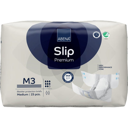 Ett paket ABENA Slip Premium från Abena Re-Seller GmbH, medium storlek, 23 skydd. Med högpresterande kärna och hudvänlig design. Förpackningen visar ett ofällt skydd - idealiskt för pålitlig inkontinensvård.