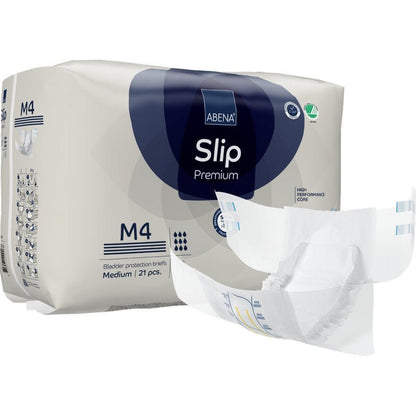 Avbildat är ett paket ABENA Slip Premium från Abena Re-Seller GmbH med ett ofällt skydd i förgrunden. Paketet innehåller 21 medelstora skydd för pålitlig inkontinensvård.