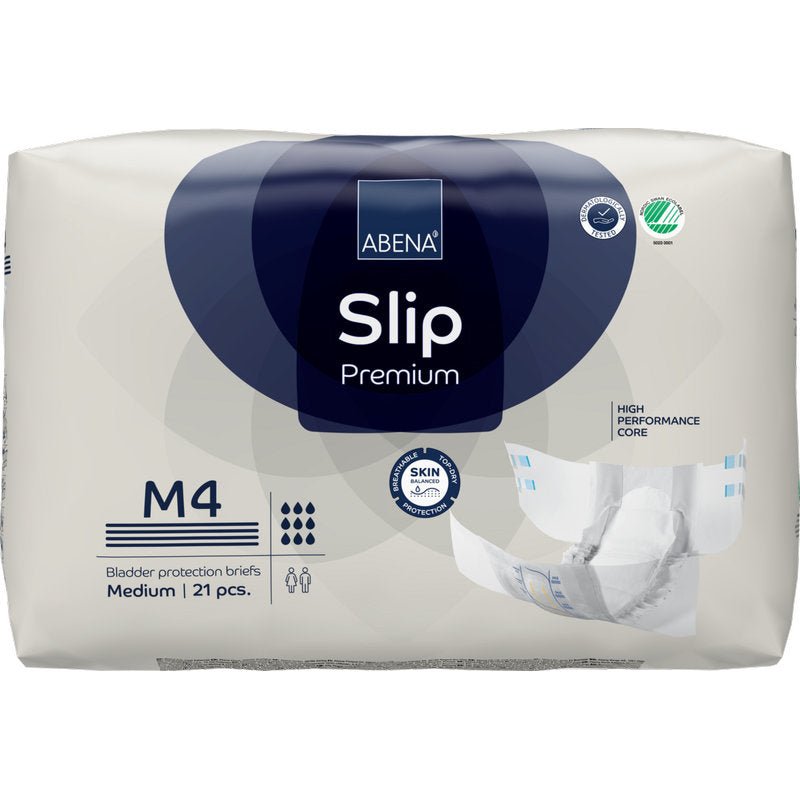 Ett 21-pack ABENA Slip Premium från Abena Re-Seller GmbH, storlek M4, för effektiv inkontinensvård. Förpackningen kännetecknas av en högpresterande kärna, hudvänlighet och en bild av ett öppet skydd.