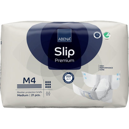 Ett 21-pack ABENA Slip Premium från Abena Re-Seller GmbH, storlek M4, för effektiv inkontinensvård. Förpackningen kännetecknas av en högpresterande kärna, hudvänlighet och en bild av ett öppet skydd.