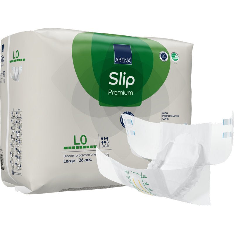 En förpackning ABENA Slip Premium vuxenblöjor från Abena Re-Seller GmbH, storlek large, 26 stycken per förpackning. En ofälld blöja är avbildad framför den grön-blå förpackningen med synliga produktdetaljer.
