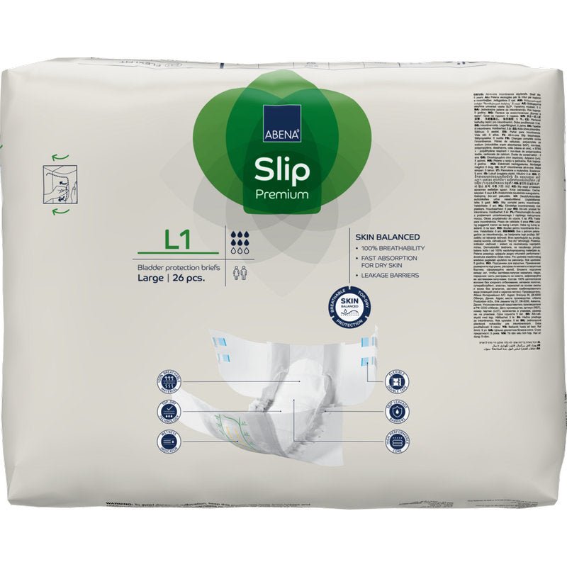 En 26-delars förpackning ABENA Slip Premium från Abena Re-Seller GmbH, storlek large, för effektiv inkontinensvård. Den övervägande vita förpackningen har gröna och blå accenter med produktinformation och korta bilder.