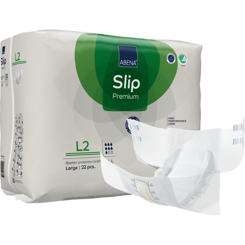 En förpackning ABENA Slip Premium från Abena Re-Seller GmbH, stor storlek, 22 stycken; en blöja är delvis utfälld framtill. Den vita förpackningen med gröna och blå accenter ger tillförlitligt inkontinensskydd.