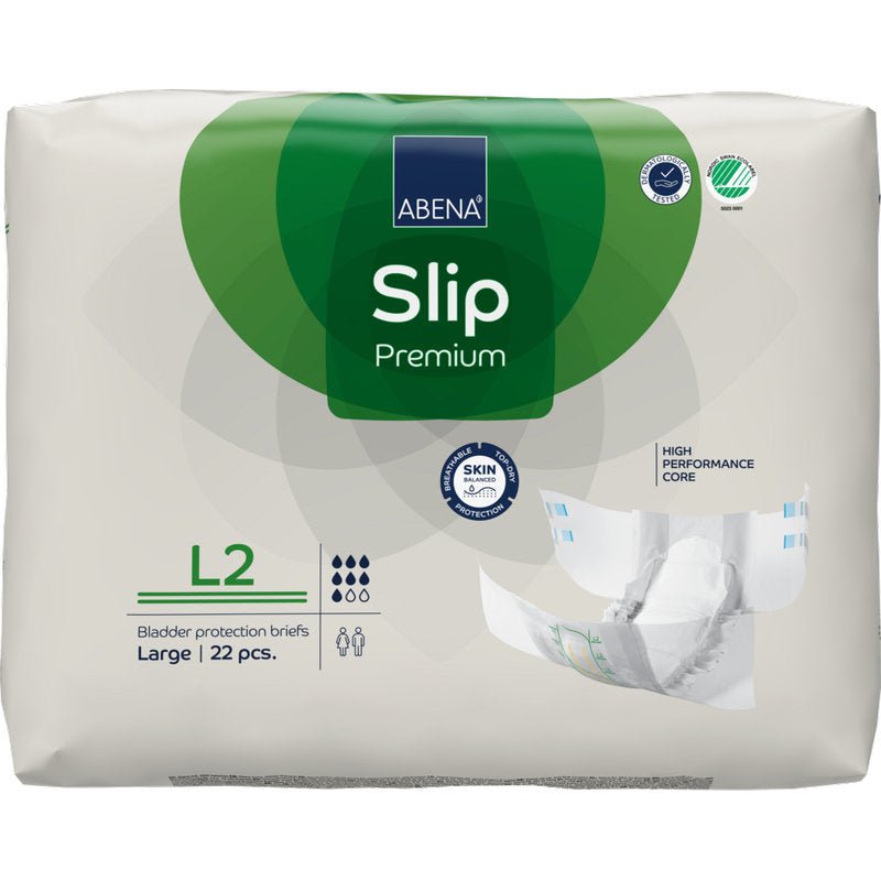En 22-delars förpackning ABENA Slip Premium från Abena Re-Seller GmbH, storlek Large, i en övervägande vit förpackning med gröna accenter; har en "högpresterande kärna" för effektivt blåsskydd.