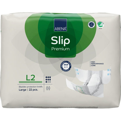 En 22-delars förpackning ABENA Slip Premium från Abena Re-Seller GmbH, storlek Large, i en övervägande vit förpackning med gröna accenter; har en "högpresterande kärna" för effektivt blåsskydd.