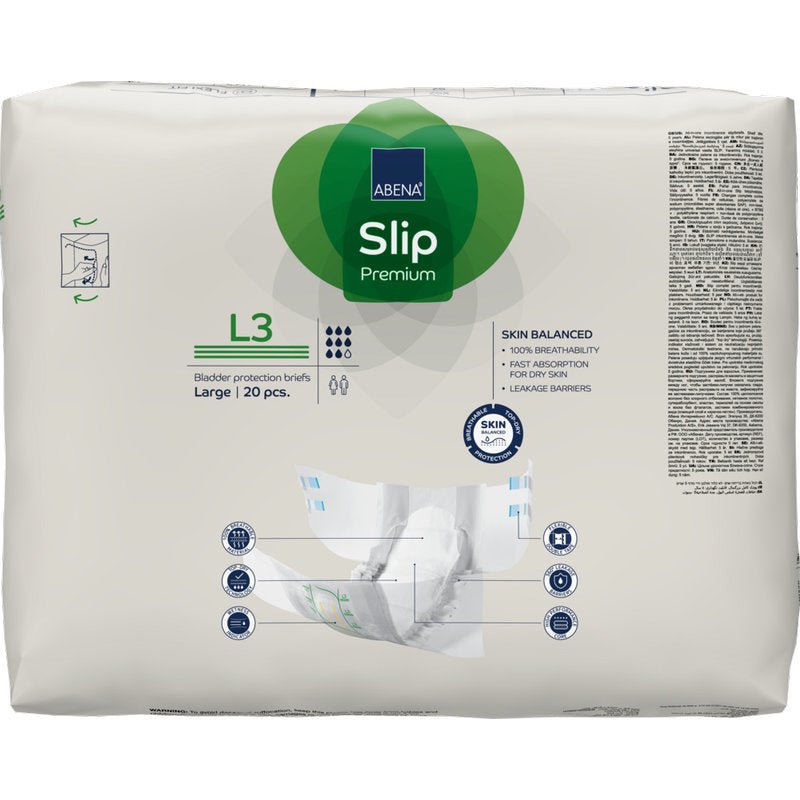 En 20-delars förpackning ABENA Slip Premium från Abena Re-Seller GmbH (storlek Large) för vuxna, med produktdetaljer, ikoner och en illustration av blöjor i bruk - idealisk för högkvalitativ inkontinensvård.