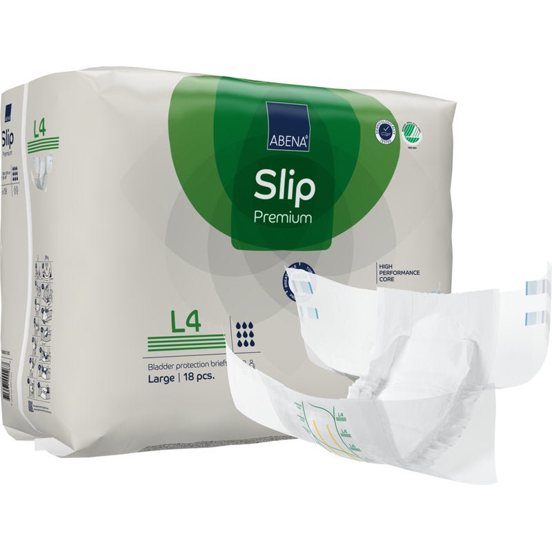 En förpackning ABENA Slip Premium från Abena Re-Seller GmbH, stor format (18 stycken), visas bredvid en ofälld blöja för att framhäva design och egenskaper.