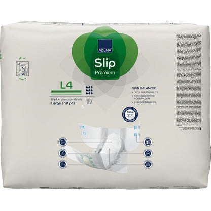 En förpackning ABENA Slip Premium från Abena Re-Seller GmbH, storlek Large, 18 stycken. Förpackningen visar produktegenskaper och en illustration av en blöja som hålls i handen för att underlätta inkontinensvård.