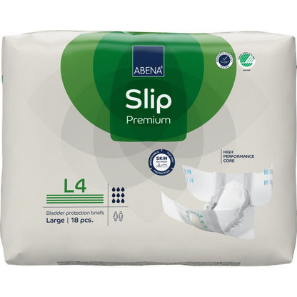 En förpackning ABENA Slip Premium från Abena Re-Seller GmbH, storlek Large (L4), innehåller 18 blöjor. Den vit-gröna förpackningen visar en öppen blöja och ikoner för hög absorptionsförmåga och hudskydd.