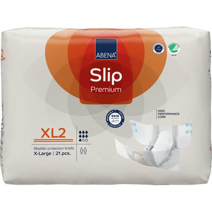 En 21-delars förpackning ABENA Slip Premium från Abena Re-Seller GmbH i storlek X-Large har en vit förpackning med orange och röda accenter som lyfter fram de viktigaste fördelarna för effektiv inkontinensvård.