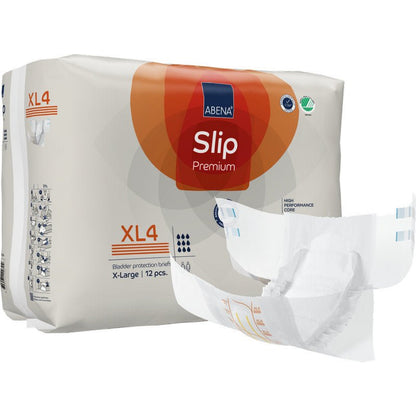 Avbildat är en förpackning av ABENA Slip Premium från Abena Re-Seller GmbH med varumärke och utrustning. Framtill syns en uppfälld blöja. Förpackningen innehåller 12 extra stora stycken för optimal inkontinensvård.