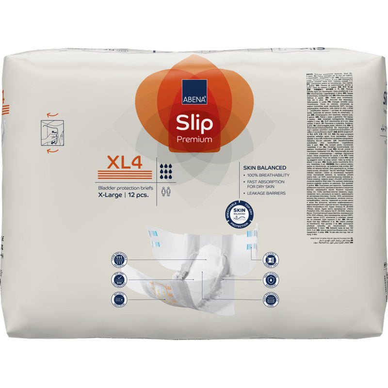 Ett paket ABENA Slip Premium från Abena Re-Seller GmbH, storlek XL4 X-Large, 12 stycken per förpackning, med framsida och händer som håller en slip - perfekt för pålitlig inkontinensvård.