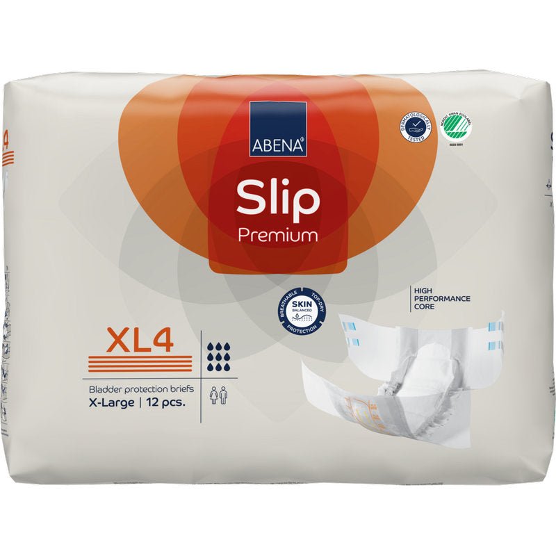 Ett paket ABENA Slip Premium från Abena Re-Seller GmbH, storlek X-Large (XL4), innehåller 12 slips för inkontinens. Den vita förpackningen har orange och blå accenter och visar bilder av slipen och produktegenskaperna.