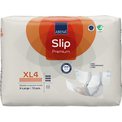 Ett paket ABENA Slip Premium från Abena Re-Seller GmbH, storlek X-Large (XL4), innehåller 12 slips för inkontinens. Den vita förpackningen har orange och blå accenter och visar bilder av slipen och produktegenskaperna.