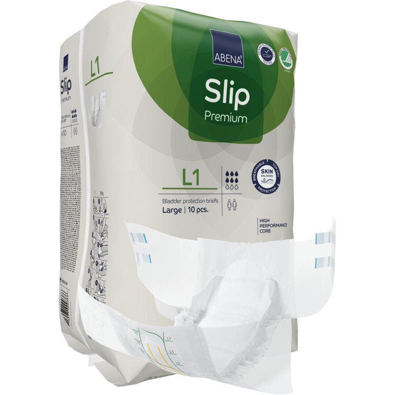 En förpackning ABENA Slip Premium vuxenblöjor från Abena Re-Seller GmbH, storlek Large, med en blöja framtill. Förpackningens höjdpunkter är en kraftfull kärna och hudvänligt material för optimal inkontinensvård.