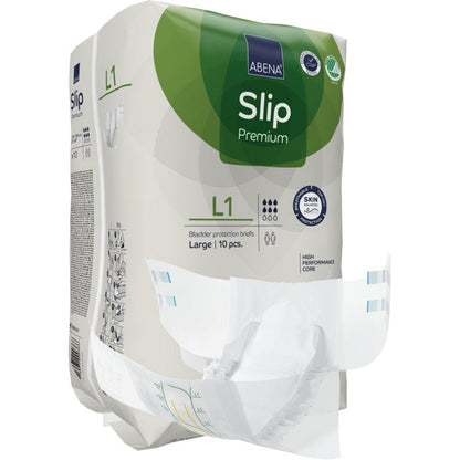En förpackning ABENA Slip Premium vuxenblöjor från Abena Re-Seller GmbH, storlek Large, med en blöja framtill. Förpackningens höjdpunkter är en kraftfull kärna och hudvänligt material för optimal inkontinensvård.