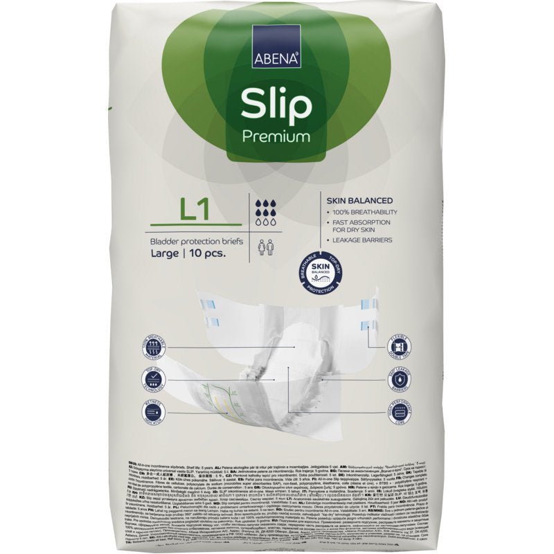 En förpackning ABENA Slip Premium från Abena Re-Seller GmbH, storlek large, med 10 stycken. Den vita förpackningen har gröna och blå accenter och tydlig produktinformation på framsidan.